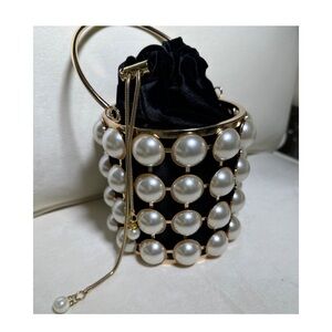 Elegant Black and Gold Pearl-Embellished Bucket Bag